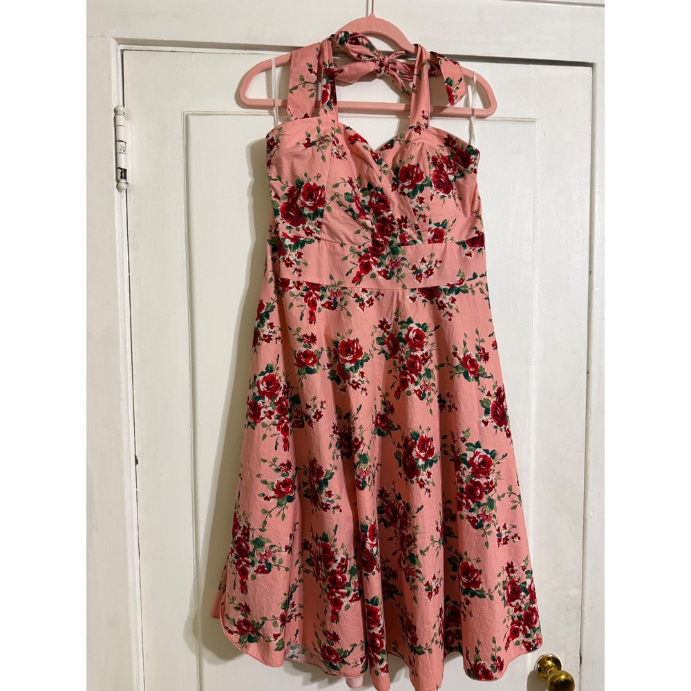 Sara USA Pink Red Floral Rose Rockabilly Halter Swing Dress Plus Size 3X 7042